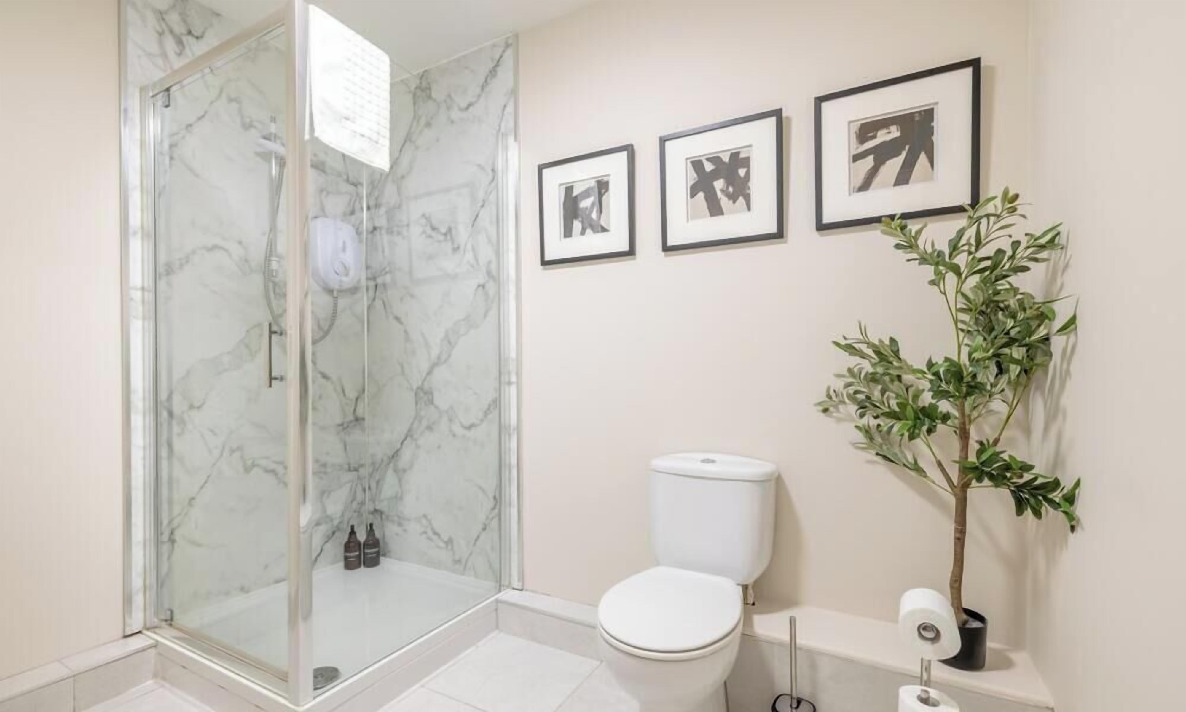 A bathroom with a glass-enclosed shower, a toilet, and a potted plant.