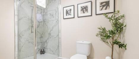 A bathroom with a glass-enclosed shower, a toilet, and a potted plant.