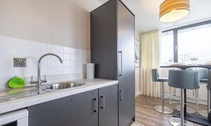 A modern kitchen with a stainless steel sink, grey cabinets, and a window overlooking a dining area. - Belfast Quarters: Station St3 (Belfast)