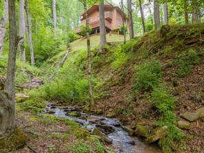 A cabin in a forest with a stream. - Mountain Creek Escape - Peaceful Home Close to Town (Sylva)