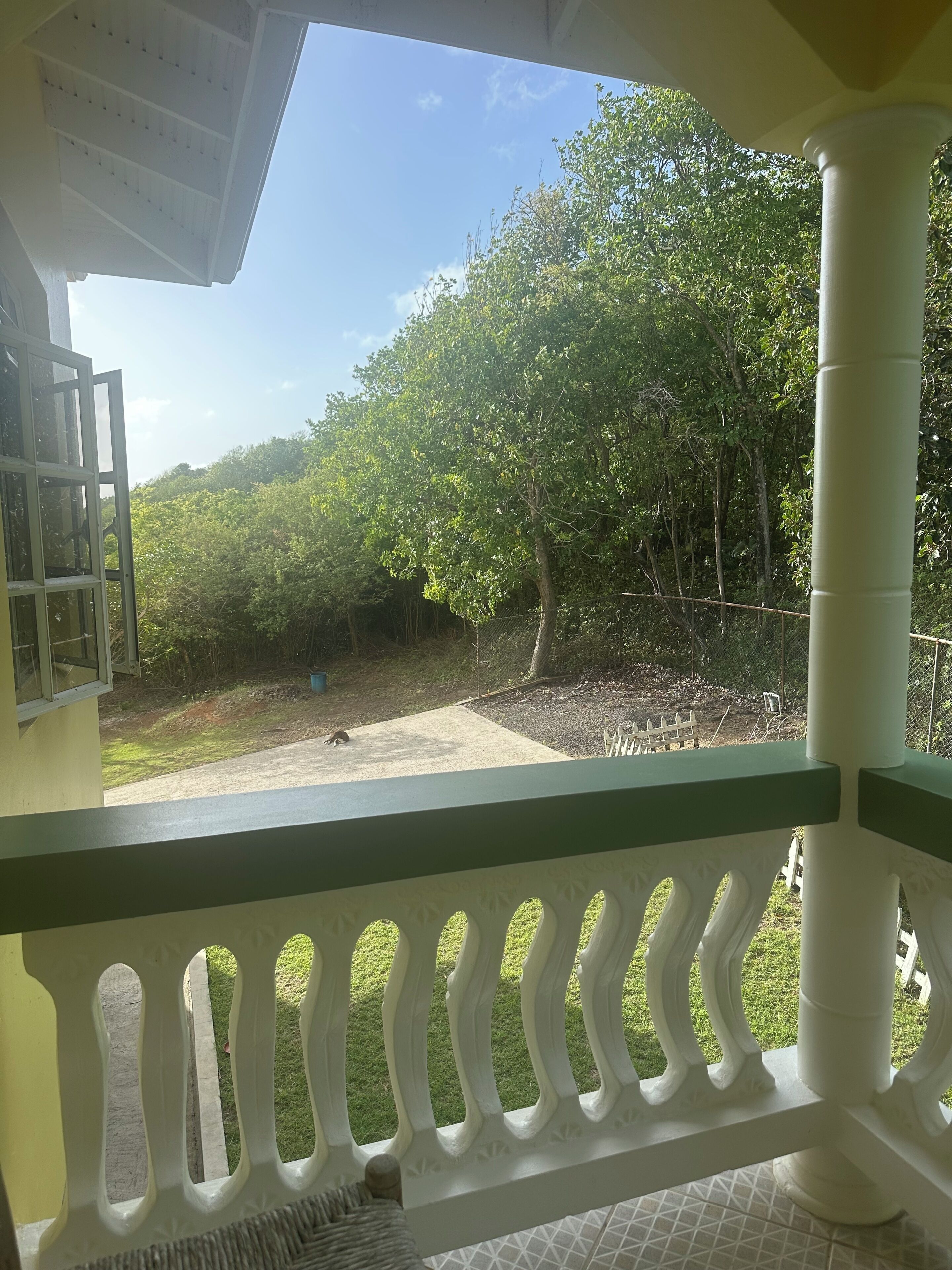 A balcony with a view of a garden and trees.