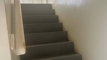 A staircase with a handrail leading to a landing.