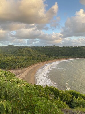 A coastal landscape with a beach, waves, and a forested hill. - Charming Bed & Breakfast with amazing ocean views nestled in the hills  of Escap (Micoud)