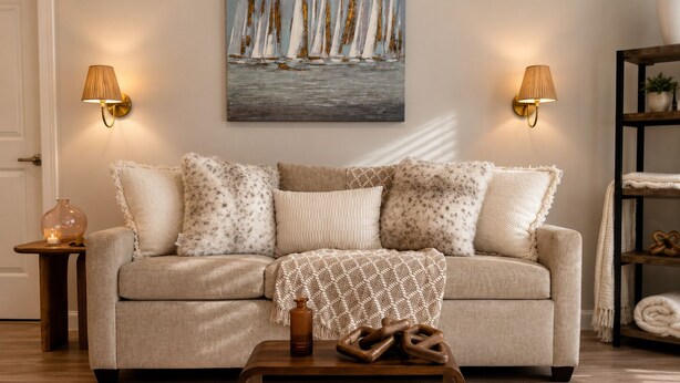 Ein Wohnzimmer mit einem beigefarbenen Sofa, einem gemusterten Überwurf, einem Holztisch und einem Gemälde mit Segelbooten an der Wand.