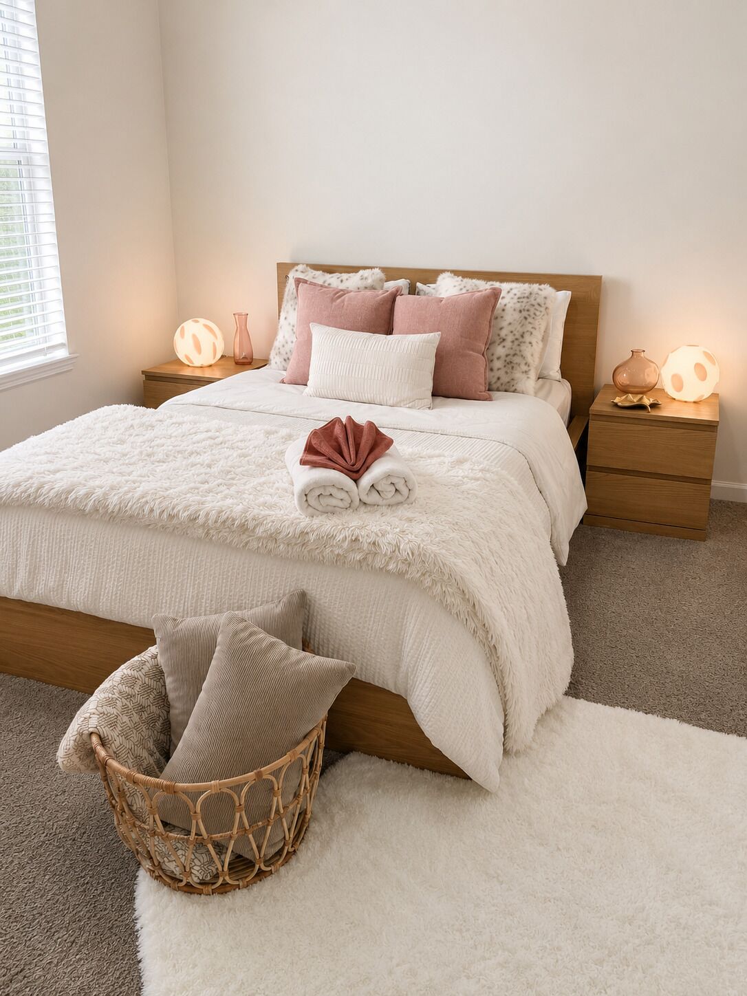 A bedroom with a bed, bedside tables, a lamp, a woven basket, and a window with blinds.