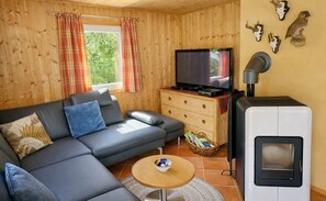 Ein gemütliches Wohnzimmer mit einer Couch, einem Fernseher und einem Kaminofen.
