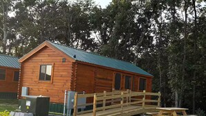 A wooden cabin with a metal roof, a wooden bridge, and a picnic table.