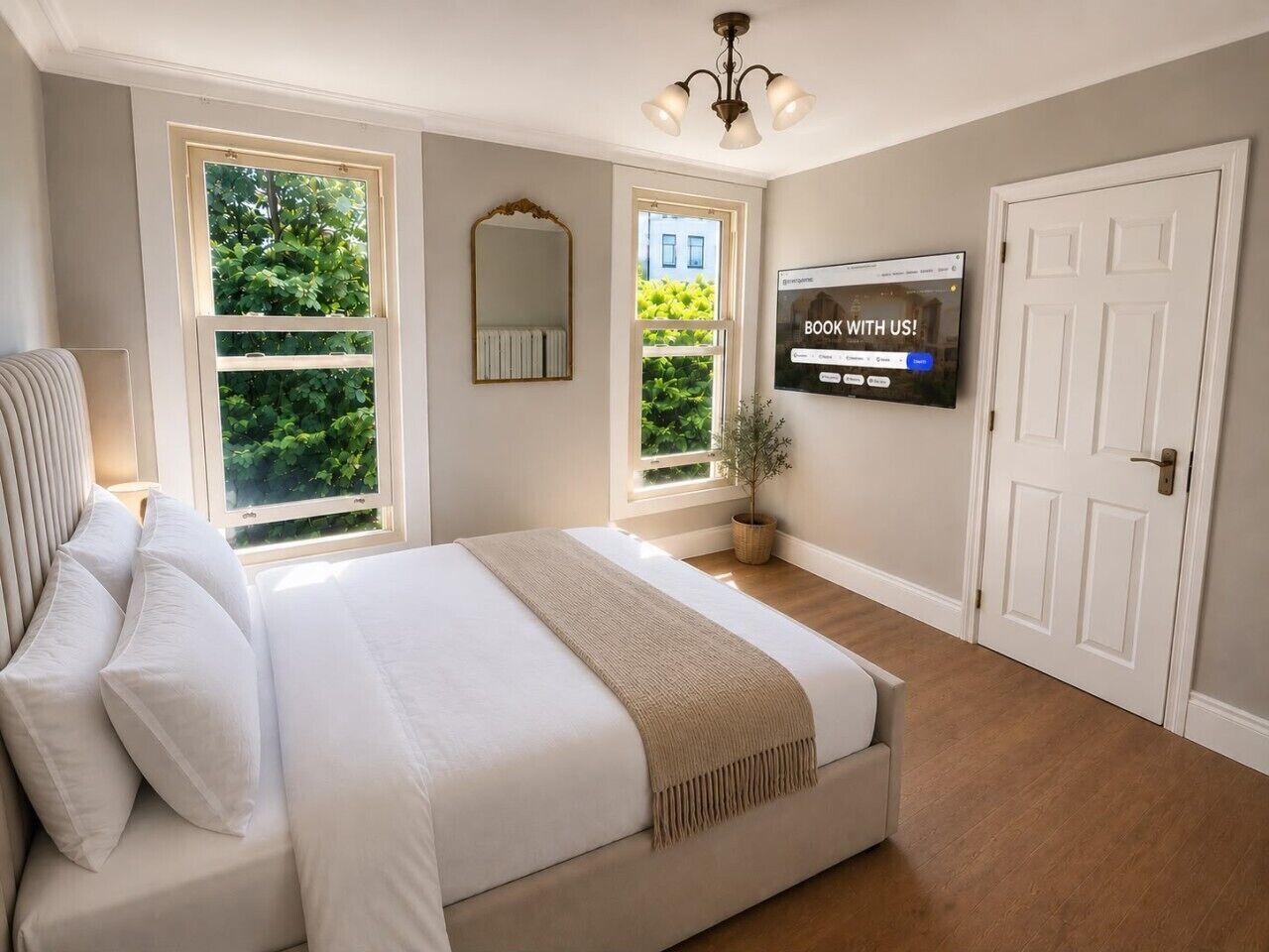 A bedroom with a bed, a television, and a door.