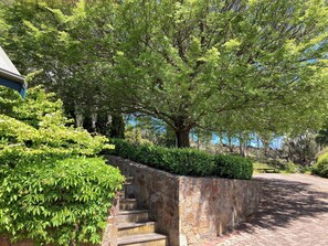 A stone staircase leading up to a building, surrounded by lush greenery and trees.