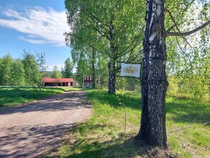 Propiedad rural con un camino de grava que conduce a un granero rojo y un edificio blanco, rodeada de árboles y vegetación.