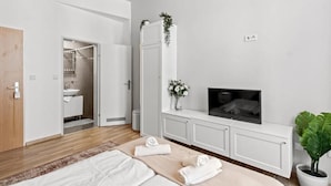 Habitación de hotel moderna con cama, televisión, planta y baño visible a través de una puerta abierta.