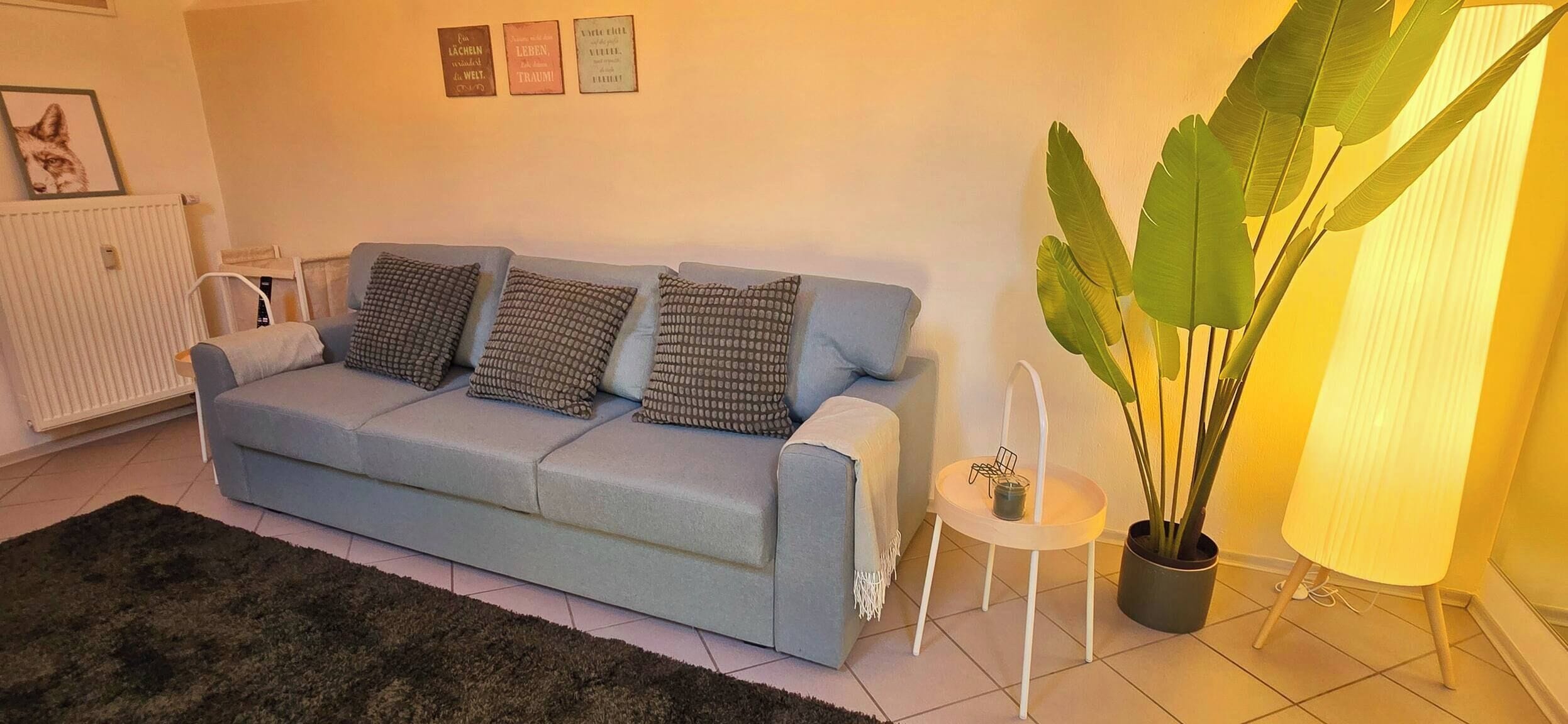 Una sala de estar con un sofá azul claro, cojines estampados, una mesita auxiliar con una vela y una planta verde grande.