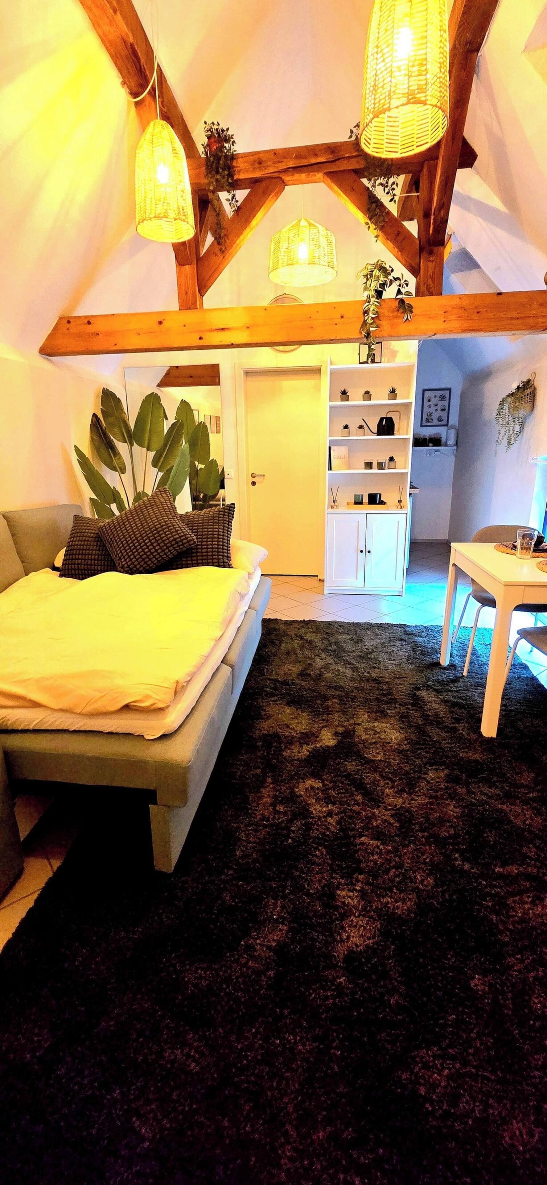 A cozy room with a bed, a small table, and a kitchen area.