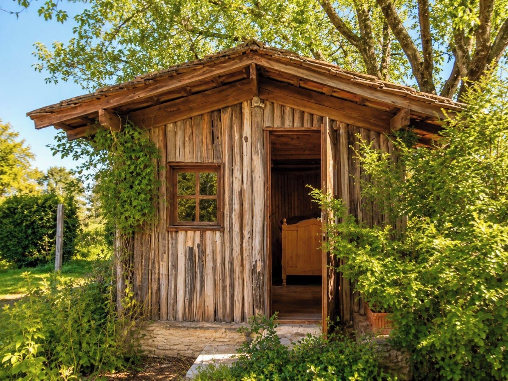 Eine rustikale Holzhütte mit einem Fenster und einer Tür, umgeben von viel Grün.