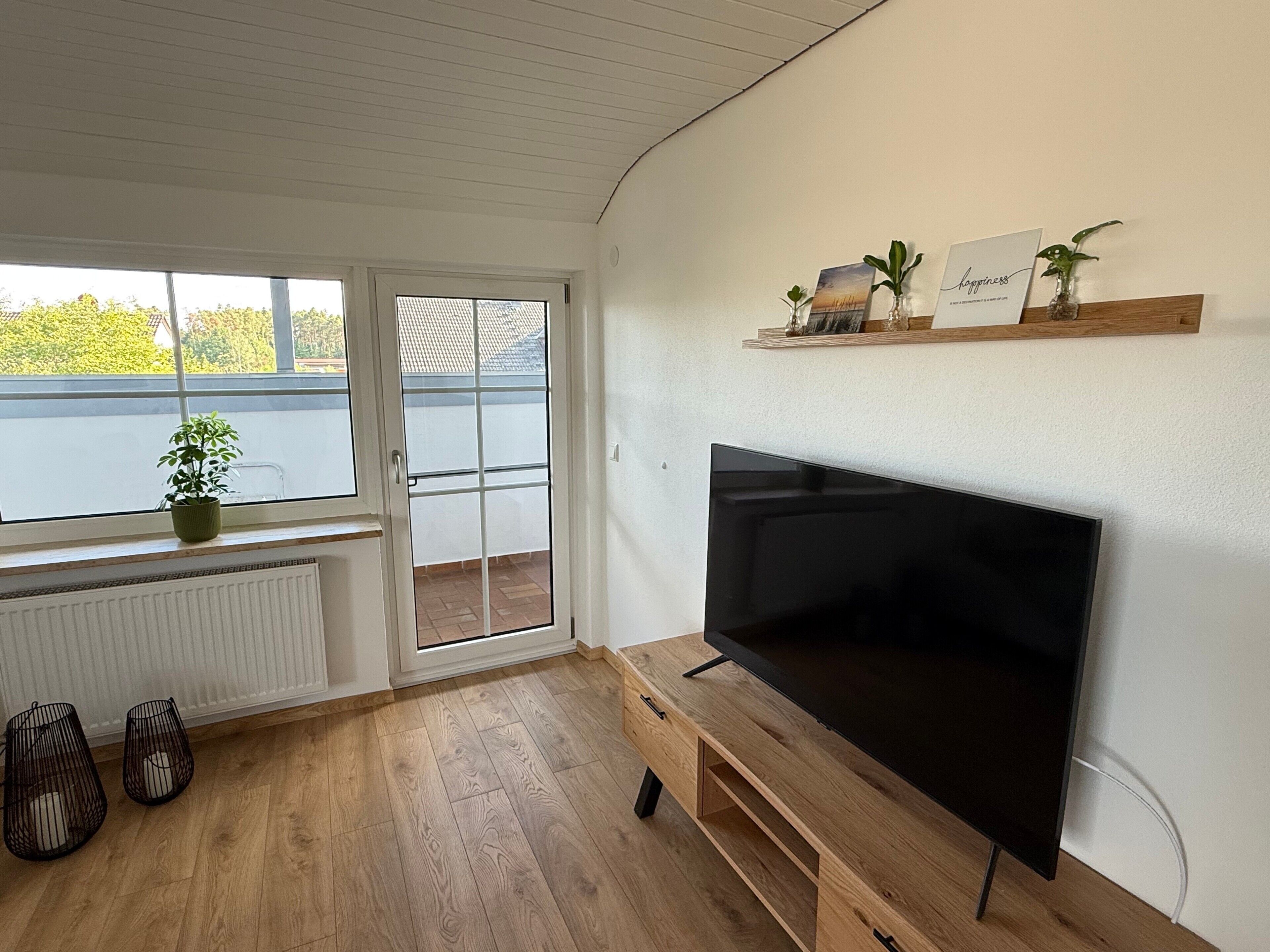 Un salon doté d’un grand téléviseur à écran plat, d’un parquet, d’une porte-fenêtre coulissante donnant sur un balcon et d’une petite plante posée sur le rebord de la fenêtre.