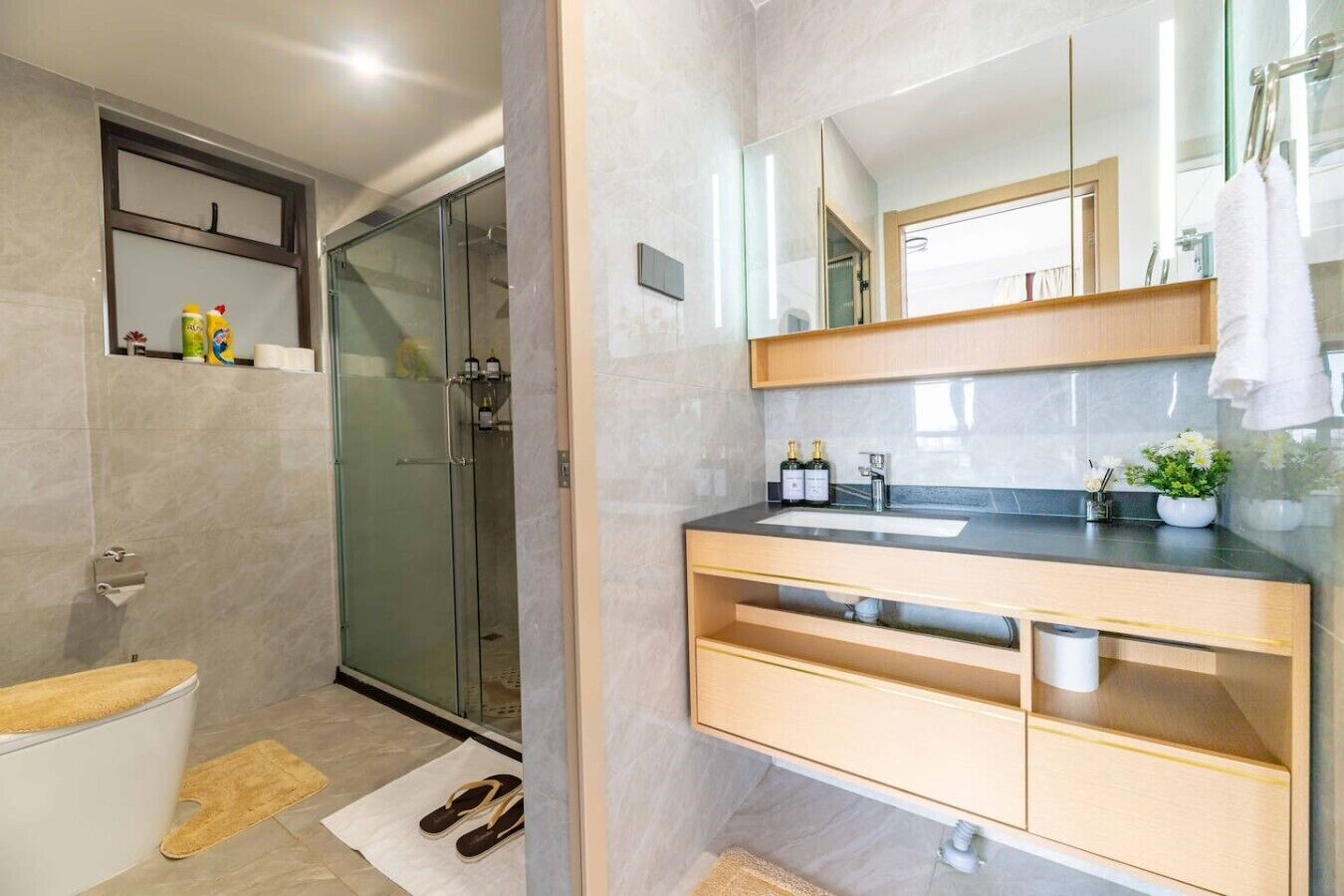 Een moderne badkamer met een douchecabine van glas, een wastafel met spiegel en een toilet.
