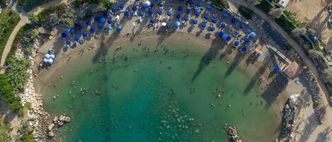 An aerial view of a beach with numerous blue umbrellas and lounge chairs arranged in a semi-circular pattern around a central water body.