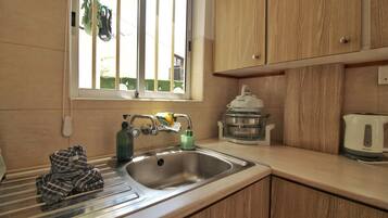 Una cocina con un lavamanos de acero inoxidable, una tetera y un dispensador de jabón para platos.