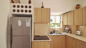 Una cocina compacta con refrigerador integrado, estufa y armarios de madera.