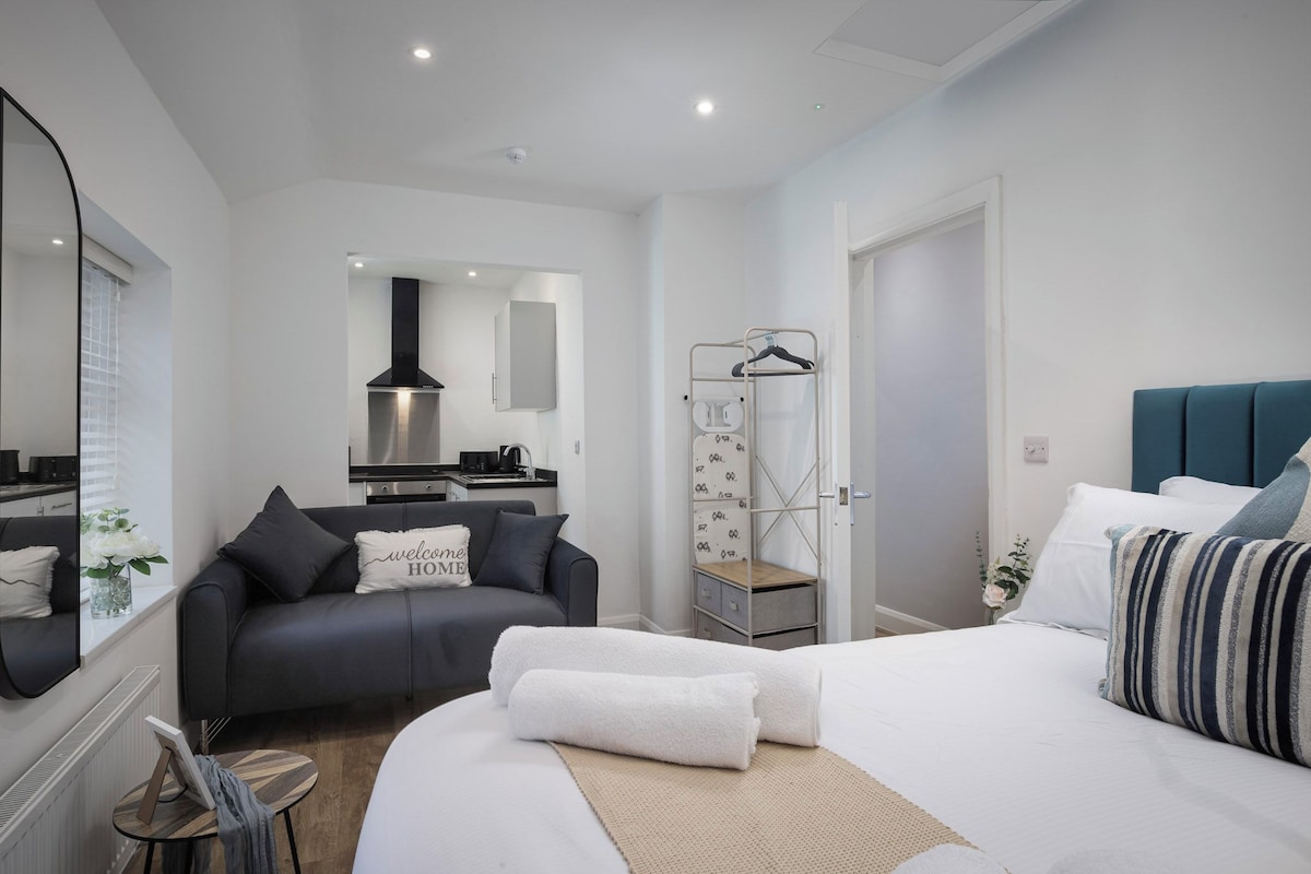 A modern bedroom with a bed, a sofa, a wardrobe, and a kitchenette.