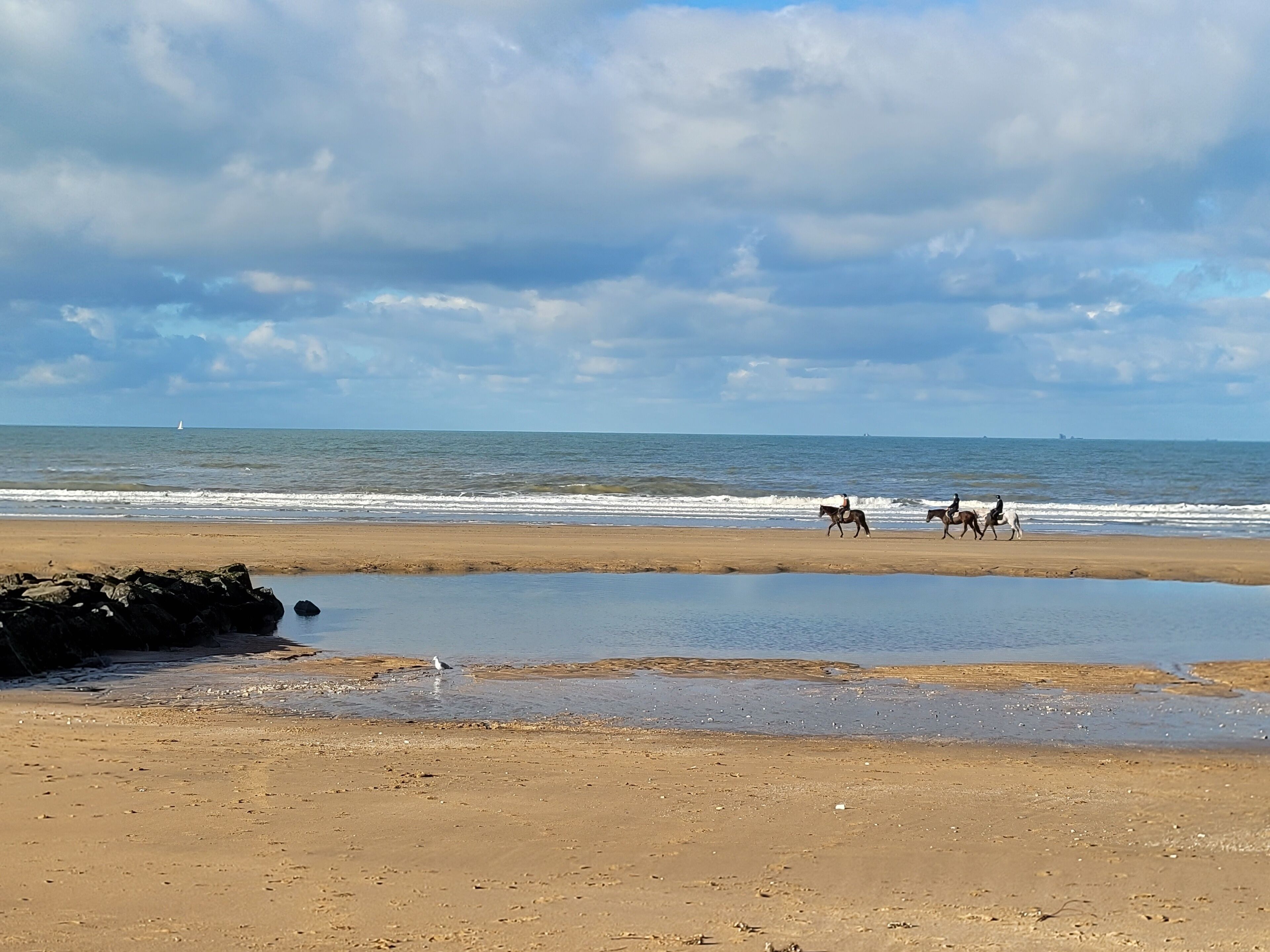 A beach with horses and riders, a calm sea, and a partly cloudy sky.