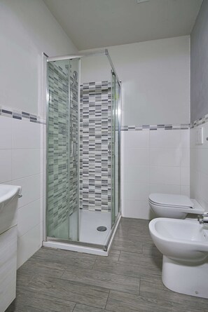 Ein Badezimmer mit Duschkabine, Toilette und Bidet.
