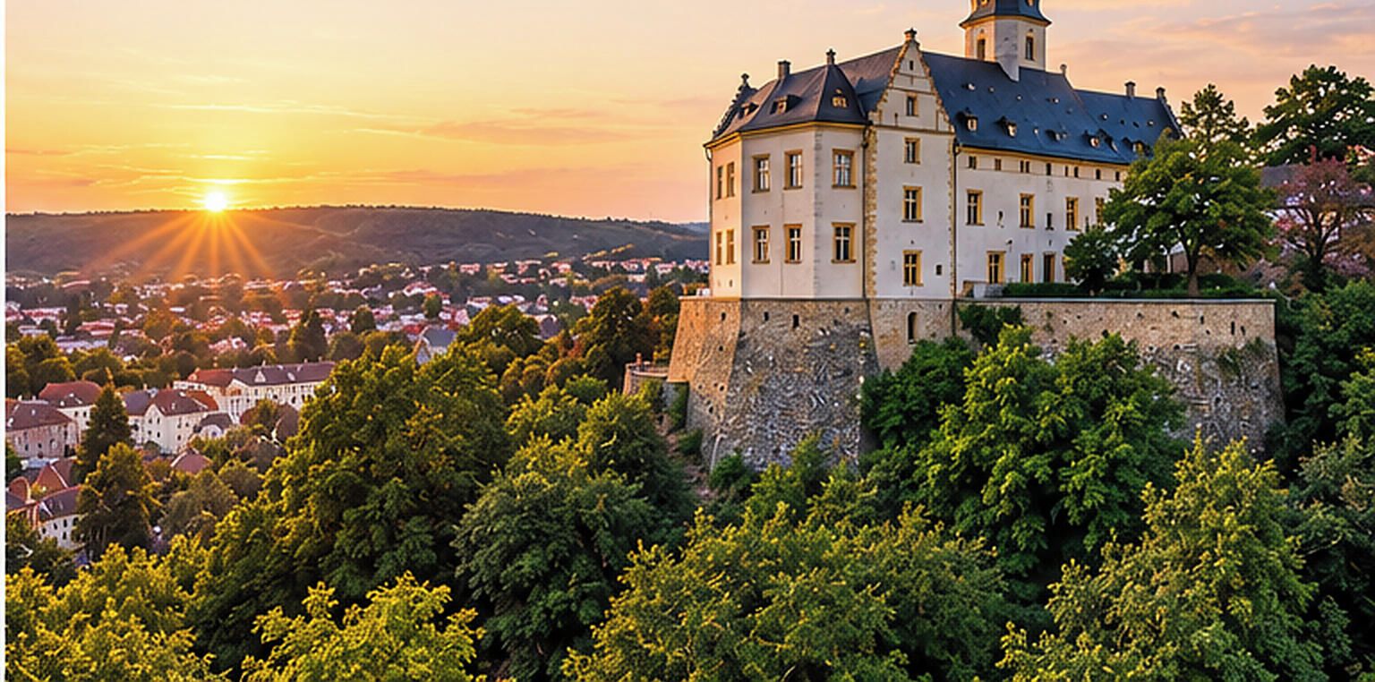 Un bâtiment historique doté d’une tour imposante, entouré d’une végétation luxuriante, avec une ville en arrière-plan.