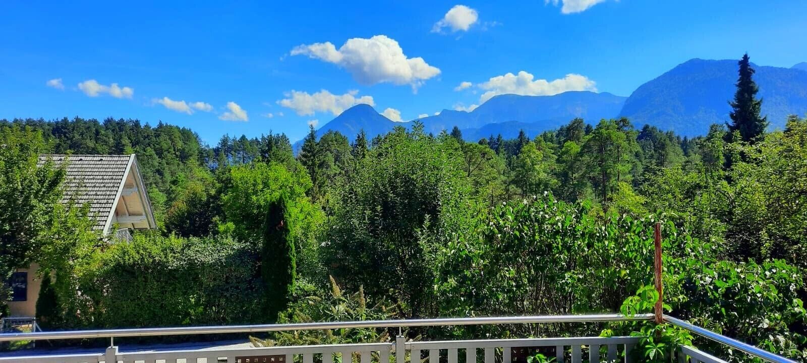 A balcony with a view of a forested area and mountains in the background.