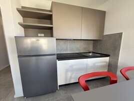 Una cucina compatta con frigorifero integrato, lavello e piano di lavoro.