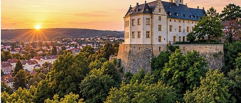 A historic building with a prominent tower, surrounded by lush greenery and a town in the background.