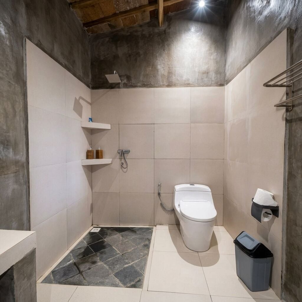 A bathroom with a toilet, a shower, and a trash bin.