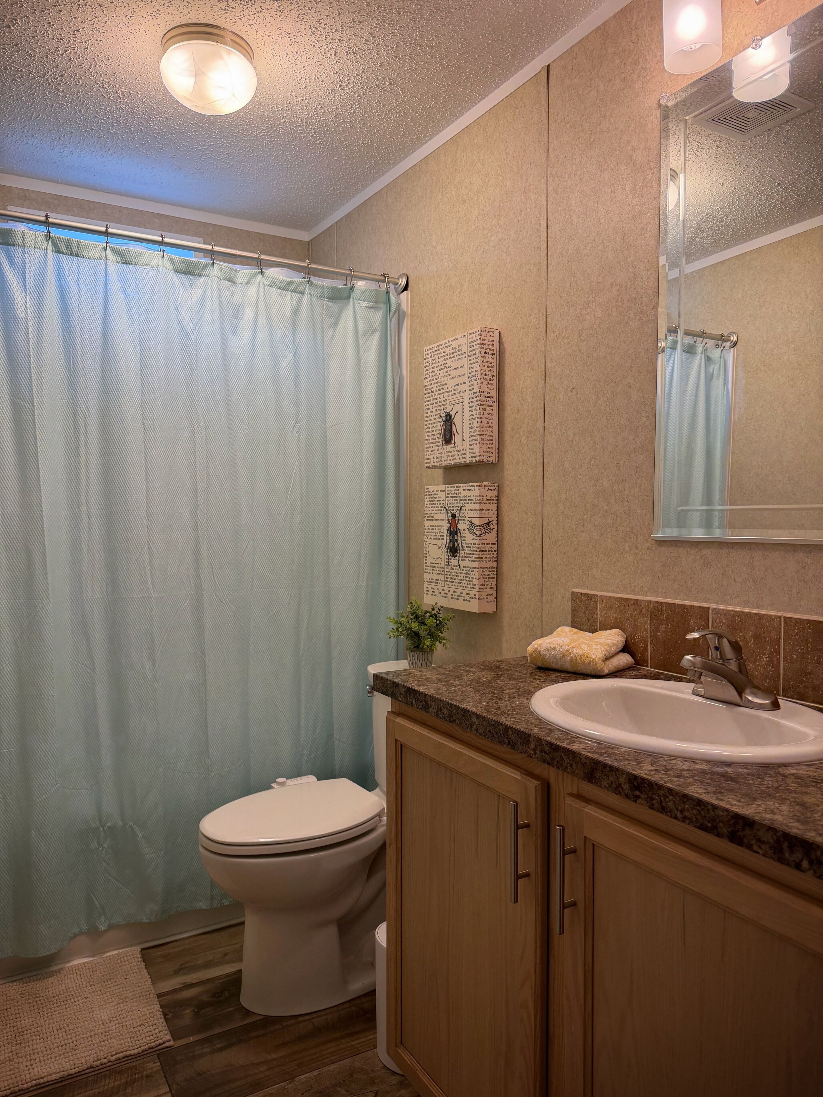 Une salle de bain avec des toilettes, un lavabo et un rideau de douche.