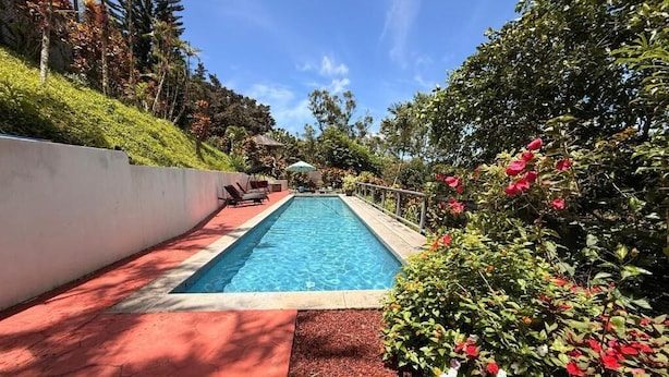 A swimming pool with a red-tiled deck, surrounded by lush greenery and flowering plants. - Marjorie Kauai Inn (Lawai)