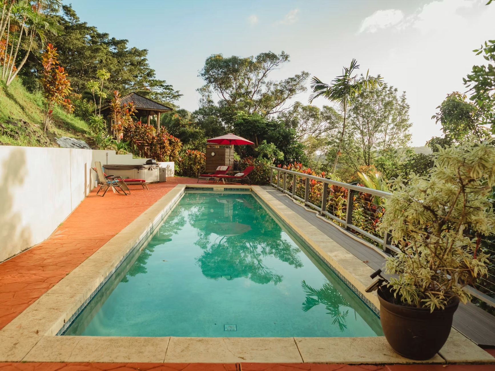 Una piscina con un paraguas rojo, sillas de descanso y un jardín con diversas plantas.
