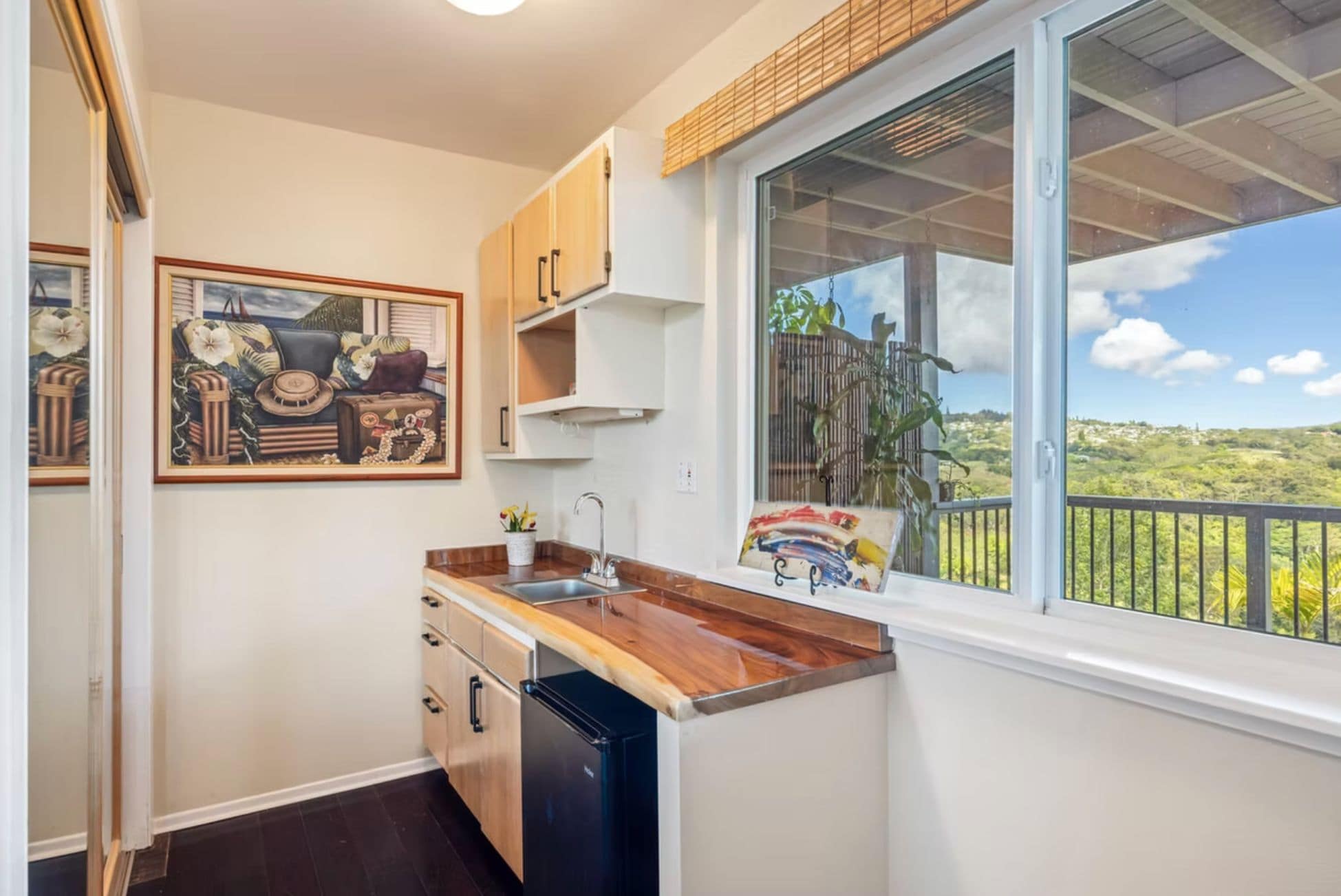 A compact kitchen with a wooden countertop, a built-in dishwasher, and a window overlooking a green landscape.