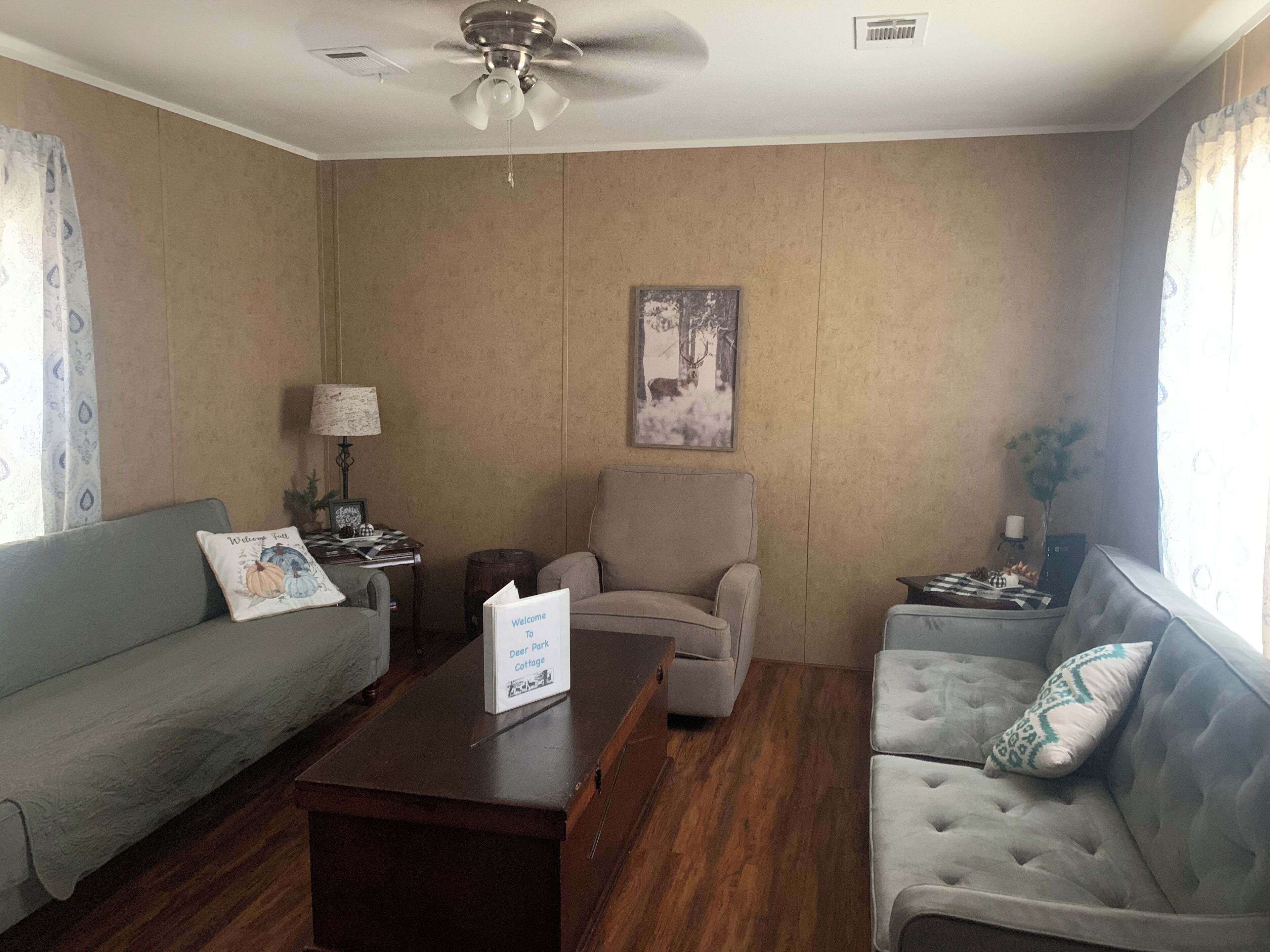 A living room with a sofa, armchair, and ottoman, a coffee table, a lamp, and a ceiling fan.