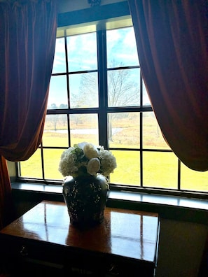 Ein Fenster mit Blick auf ein Feld, Vorhänge und eine Vase mit Blumen auf einem Tisch.
