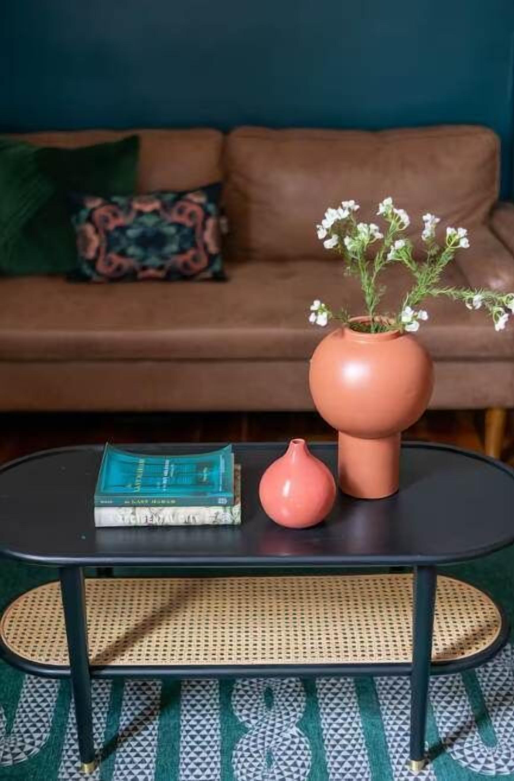 A brown leather sofa with a patterned pillow, a black coffee table with a terracotta vase and books, and a woven rug.
