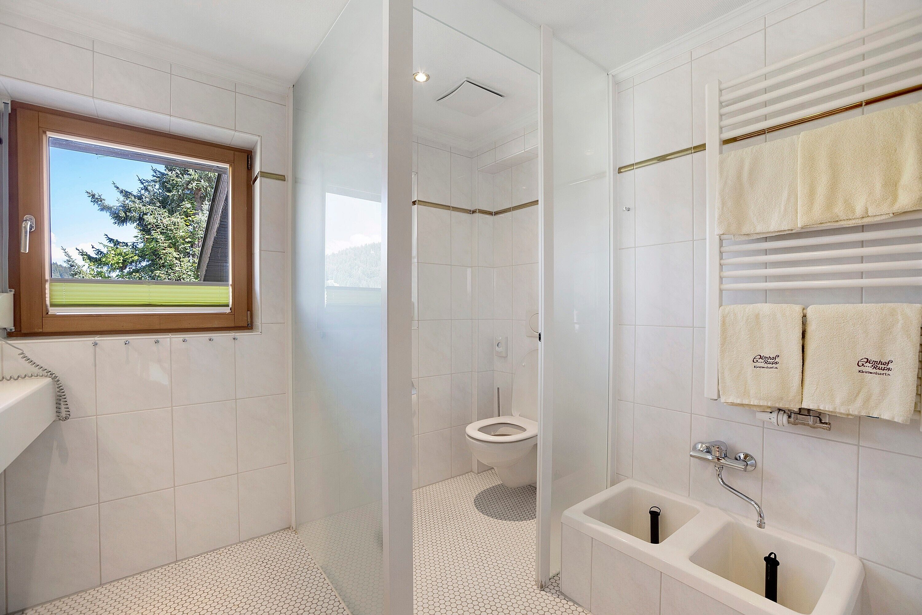 Une salle de bain avec douche, toilettes et lavabo.