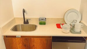 Cuina compacta amb un rentaplat, un safata per esbandir plats, un recipient de vidre i un plat.
