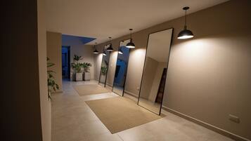 A hallway with multiple mirrors, a carpet, and a potted plant.