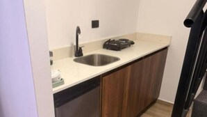 Una cuina compacta amb un obrador d'acer inoxidable, un rentaplats integrat i una encimera amb una placa de cocció.