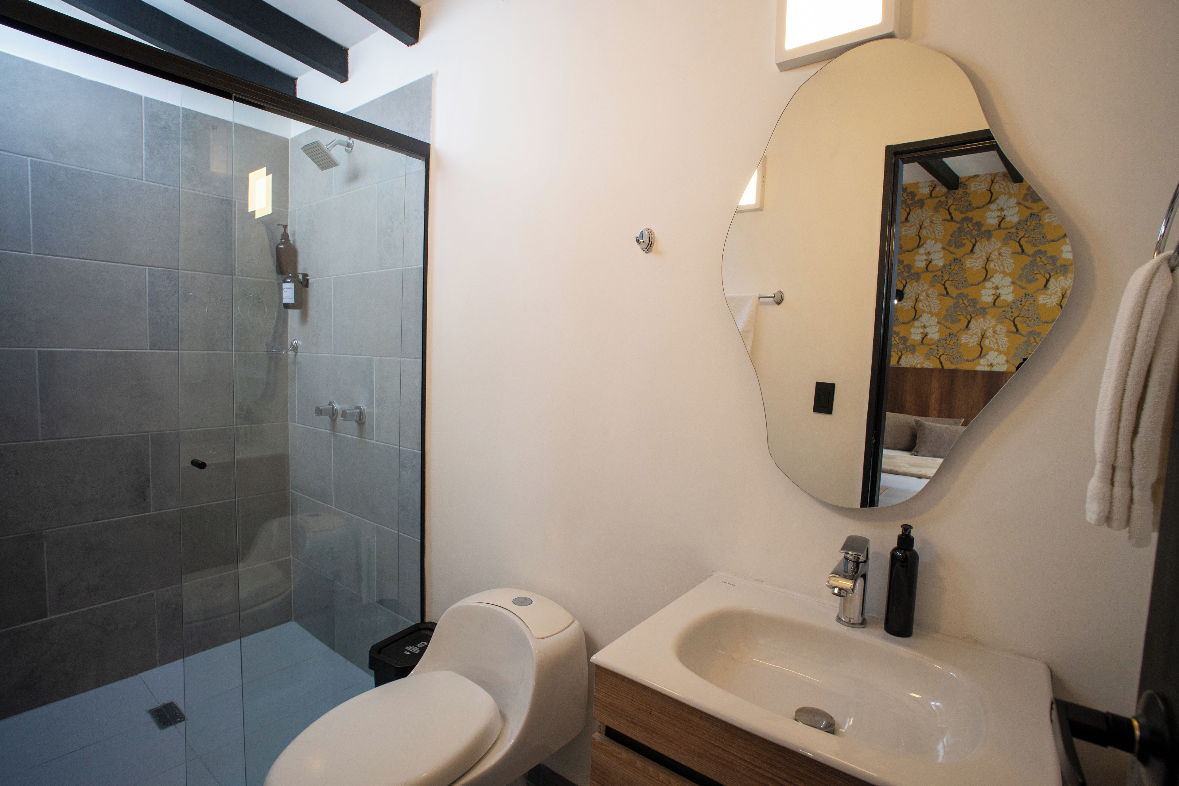 A bathroom with a glass-enclosed shower, a toilet, a sink, and a mirror.