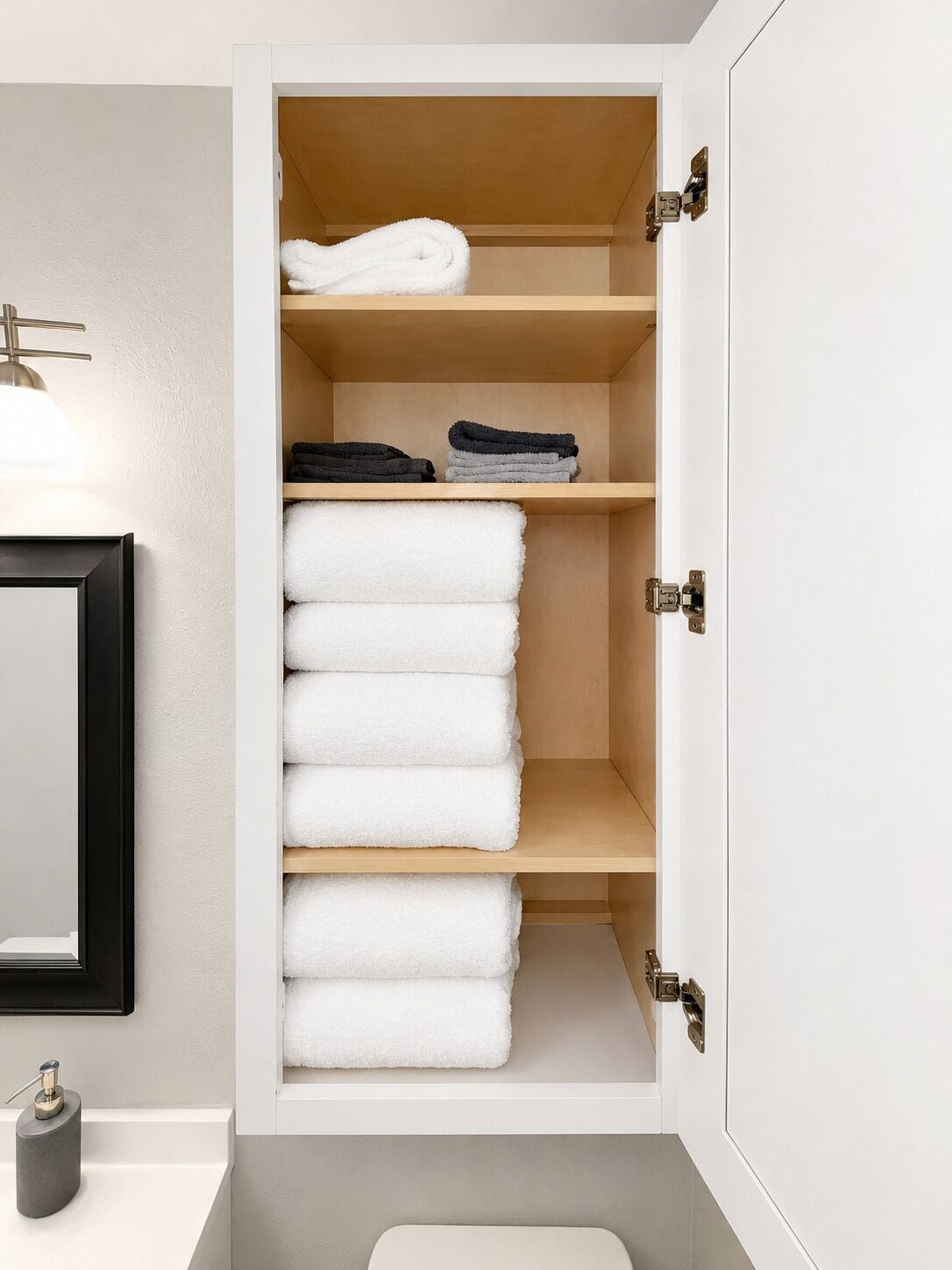 Ein Badezimmer mit einem weißen Waschbecken, einem Spiegel und einem Hängeschrank mit mehreren Ablagen.