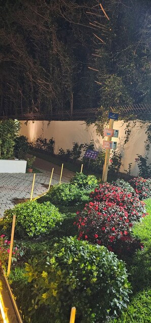 A garden area with a paved walkway, various shrubs, and flowering plants. - Peaceful Home (Cabo Negro)