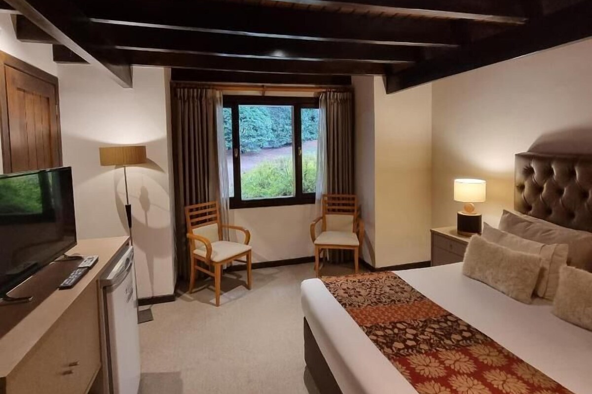 A hotel room with a bed, a desk with a television, a chair, and a window with curtains.