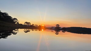 Un lago tranquilo al amanecer, con árboles reflejados en el agua.