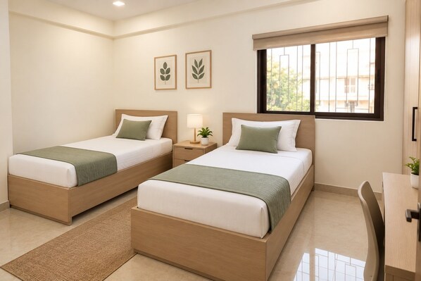 A hotel room with two beds, a bedside table with a lamp, a window with bars, and a view of the outside.