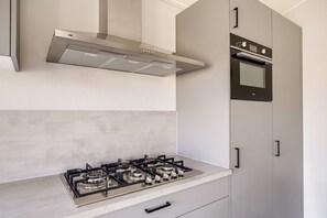 A modern kitchen with a gas stove, a stainless steel range hood, and a built-in oven. - Villa Riant 64 | Ruim vakantiehuis met airco | Zennewijnen, Betuwe (Zennewijnen)