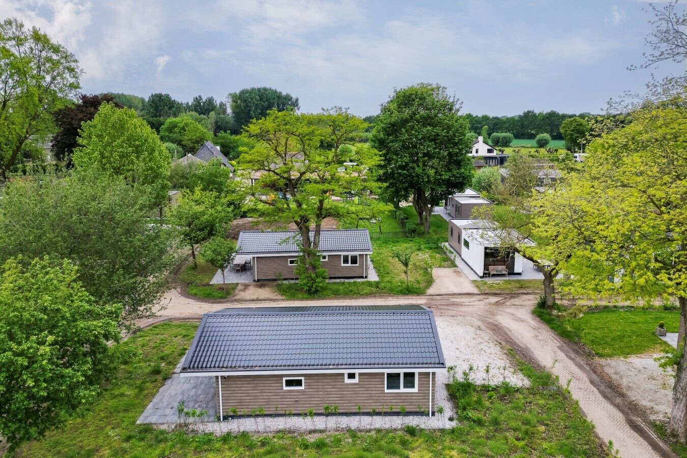 A residential area with multiple houses, a gravel driveway, and lush greenery.